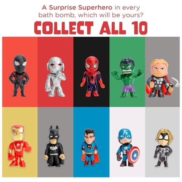 Showcase of 10 unique superhero toy surprises included in the bath bombs collection