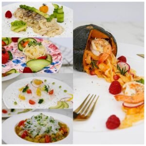 Various dishes made with Shirataki Konjac Noodles Fettuccine, including stir-fry and pasta.