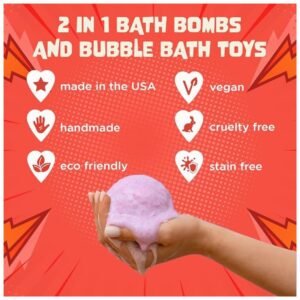 Superhero bath bombs offering 2-in-1 fun with fizzing bubbles and hidden toys