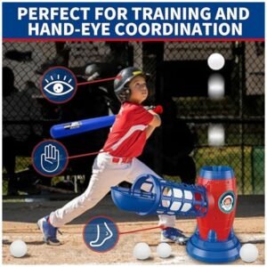 Key features of the T Ball set: adjustable tee, soft balls, sturdy design