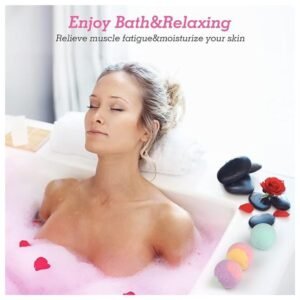 Woman enjoying a peaceful and relaxing bath with fragrant, fizzy bath bombs
