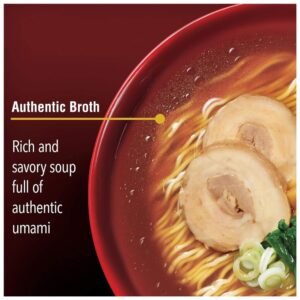 Authentic soy sauce broth of Nissin RAOH Ramen Noodle Soup, rich in umami flavor.