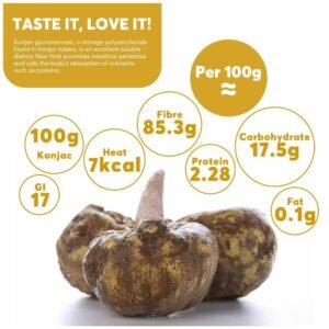 Close-up of per gram nutritional breakdown of Shirataki Konjac Noodles Fettuccine, showing zero calories and low carbs