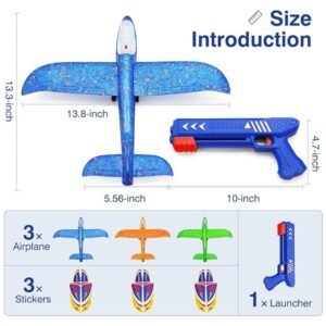 Dimensions of foam airplane toys and launcher, including the complete set with launcher, planes, stickers, and instructions