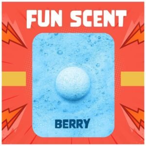 Illustration of fruity scents like berry, citrus, and grape infused in superhero bath bombs