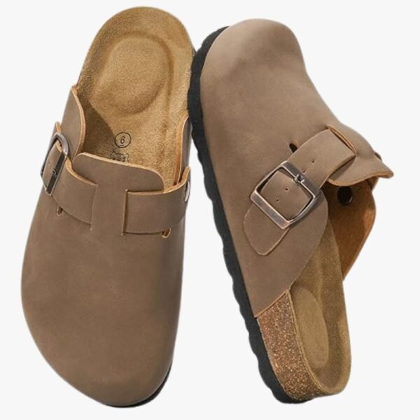Side view of women's suede footbed clogs showcasing sleek design and comfort.