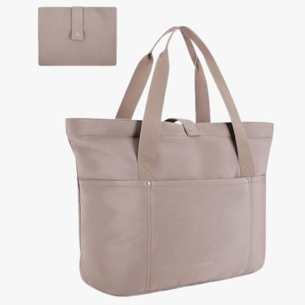 Front and side view of a stylish foldable tote bag for women with spacious compartments.