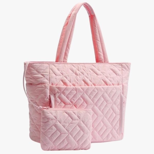 Front and side view of a stylish quilted puffer tote bag for women with multiple compartments