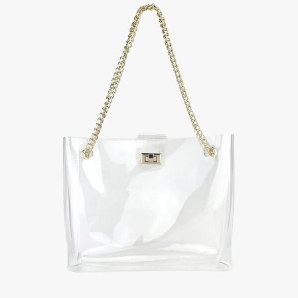 Front and side view of the multifunction clear chain tote with turn lock closure for women.