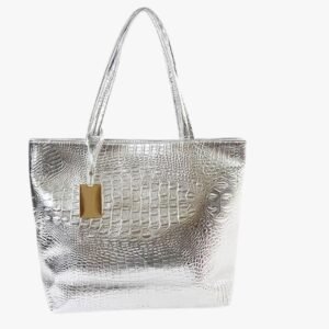 Front and side view of the stylish large tote shoulder purse for women with crocodile pattern and metal accents.