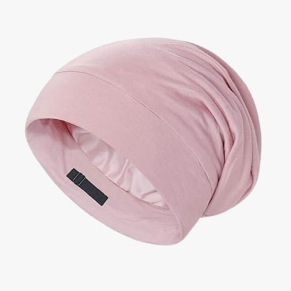 Full view of the 100% mulberry silk sleep bonnet showcasing its smooth and soft exterior