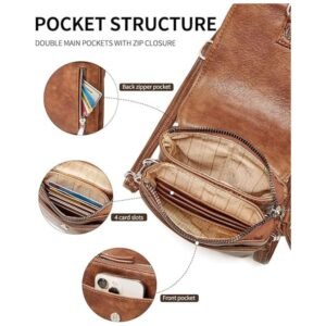 Open view of the small crossbody bag, displaying its interior with card slots and space for a cell phone