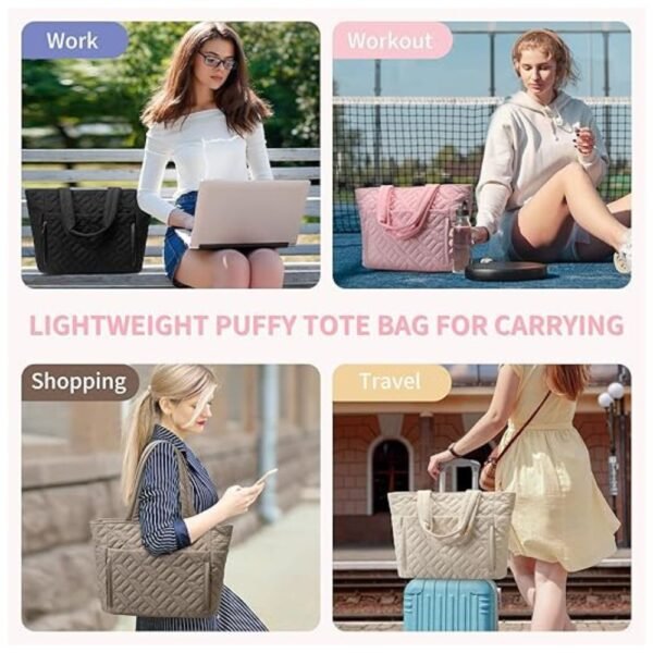 Women using the quilted puffer tote bag for daily activities such as work, shopping, and gym