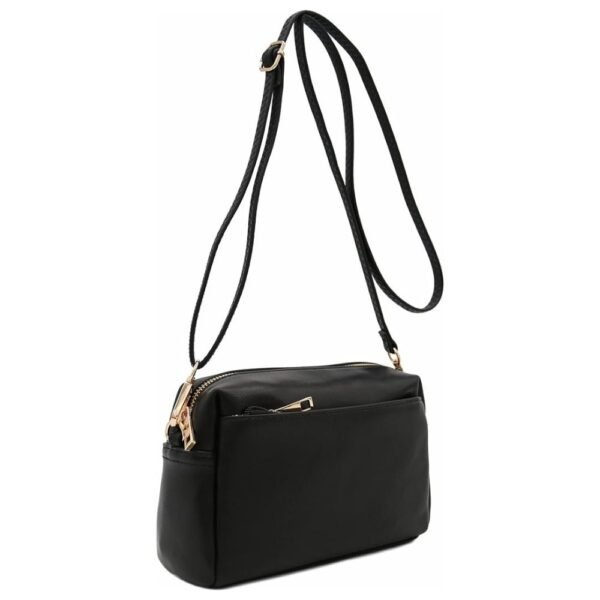 Front and side view of the FashionPuzzle Triple Zip Small Crossbody Bag showcasing its sleek design and gold-tone hardware.