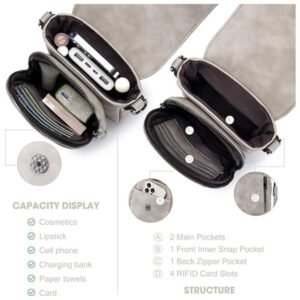 Interior view of the women's crossbody purse, displaying multiple compartments and RFID card slots for organized storage