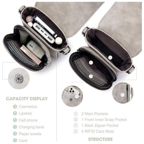 Interior view of the women's crossbody purse, displaying multiple compartments and RFID card slots for organized storage