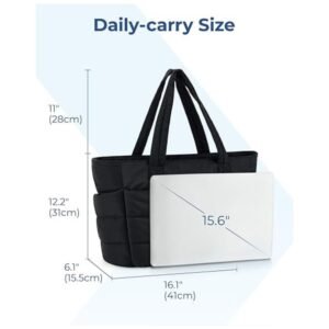 Image showing the dimensions of the puffer tote bag (16.1'' x 6.1'' x 12.2'') and its spacious interior.