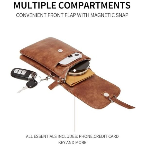 Close-up image showing the different components of the crossbody bag, including card slots, zipper, and strap