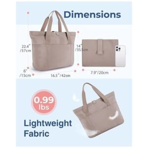 Tote bag dimensions displayed: unfolded size 16.5''L x 6''W x 14''H and folded size 7.9'' x 7'' for space-saving convenience