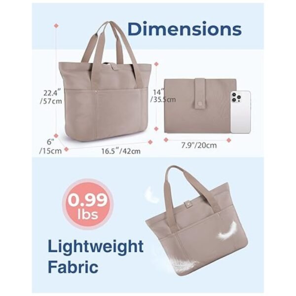 Tote bag dimensions displayed: unfolded size 16.5''L x 6''W x 14''H and folded size 7.9'' x 7'' for space-saving convenience