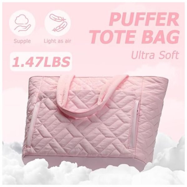 Detailed view of the high-quality stitching and durable materials used in the puffer tote bag for long-lasting use
