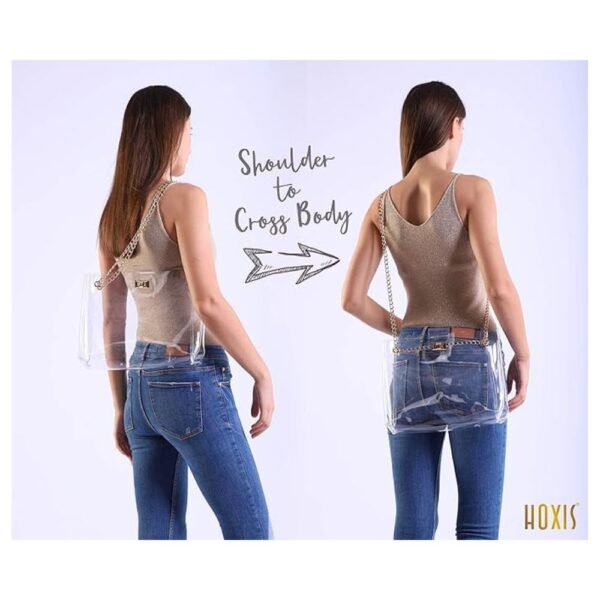 Woman carrying the multifunction clear chain tote, perfect for work, shopping, and casual outings."