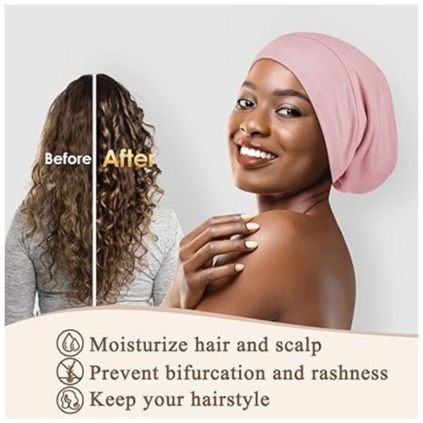 Model wearing the 100% mulberry silk sleep bonnet, protecting hair from frizz and tangling while sleeping.
