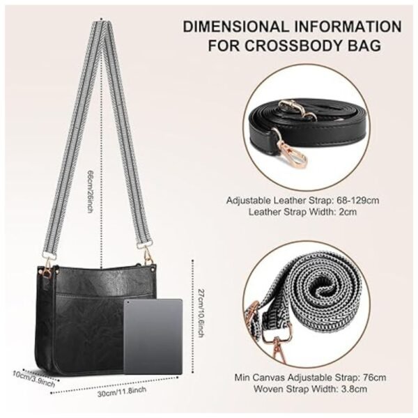 Dimensions of the crossbody purse displayed, with a spacious interior for daily essentials like wallet, phone, and cosmetics