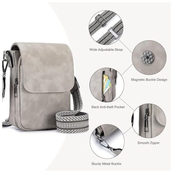 Detailed view of the small crossbody bag, showing the front phone pocket, zippered compartments, and secure closures.