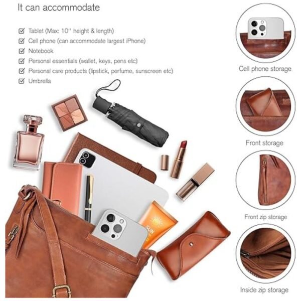 Open view of the leather crossbody bag, displaying its multiple compartments including card slots and a mobile holder