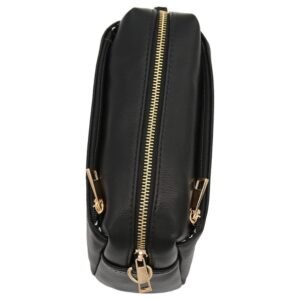 Top view of the FashionPuzzle Triple Zip Small Crossbody Bag displaying the zipper closure and adjustable shoulder strap