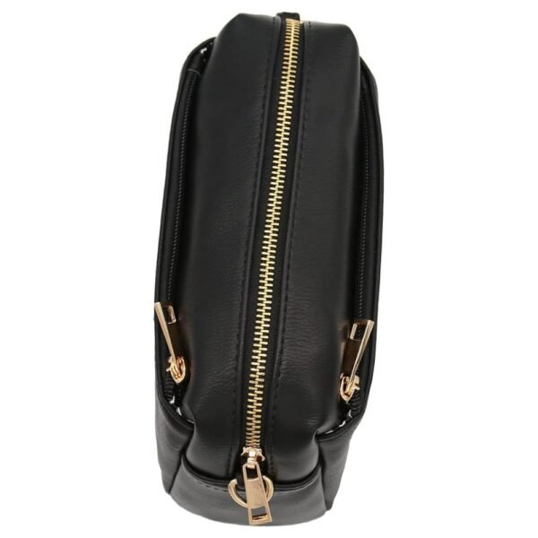 Top view of the FashionPuzzle Triple Zip Small Crossbody Bag displaying the zipper closure and adjustable shoulder strap