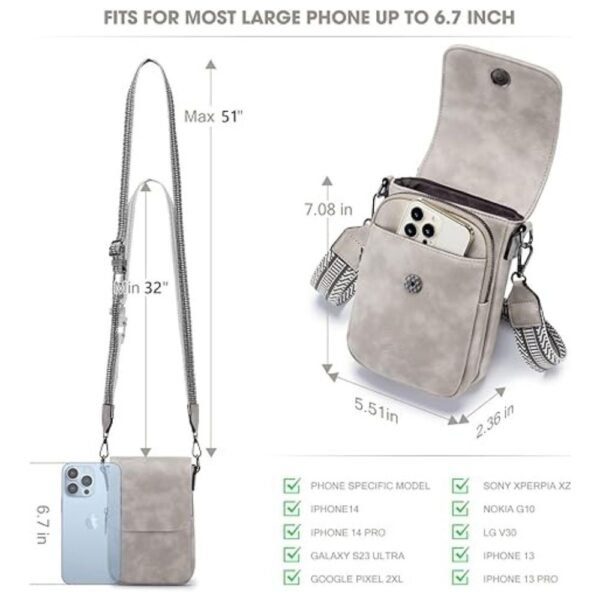 Size reference of the leather crossbody purse with detailed measurements, ensuring a perfect fit for daily essentials.