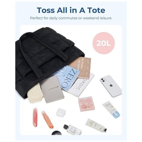 Versatile puffer tote bag being used for different occasions, such as work, gym, and travel, showing its multifunctionality.