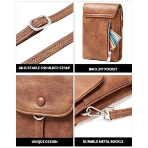 Full view of a small leather crossbody bag for women, showcasing its compact and trendy design.
