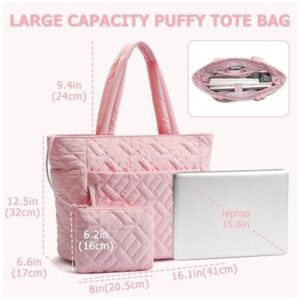 Detailed dimensions of the puffer tote bag displaying unfolded and folded sizes for travel convenience.