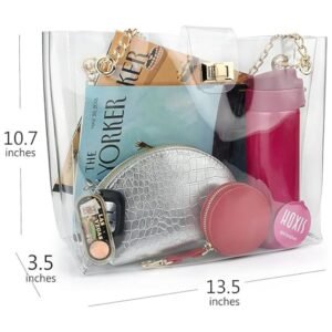 Dimensions of the clear chain tote bag displayed, measuring 13.5 x 10.7 x 3.5 inches, ideal for daily use.
