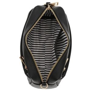 Interior view of the FashionPuzzle Triple Zip Small Crossbody Bag with compartments for organization, including open and zipper pockets.
