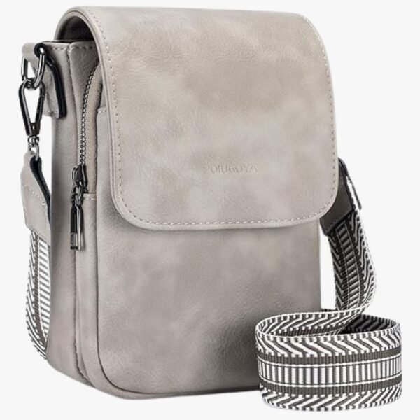 Front and side view of the small leather crossbody bag for women, showcasing its sleek design and stylish silver hardware.