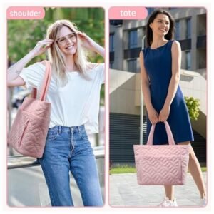 Women using the quilted puffer tote bag for daily activities such as work, shopping, and gym