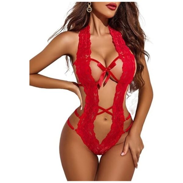 Front view of soft lace halter bodysuit lingerie featuring a plunging neckline and lace-up bow detail
