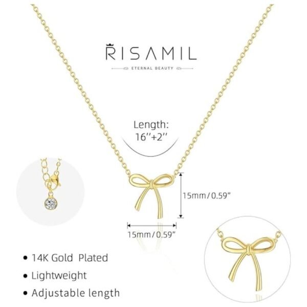 Gold bow necklace with 16+2 inch adjustable length, secured with a lobster clasp