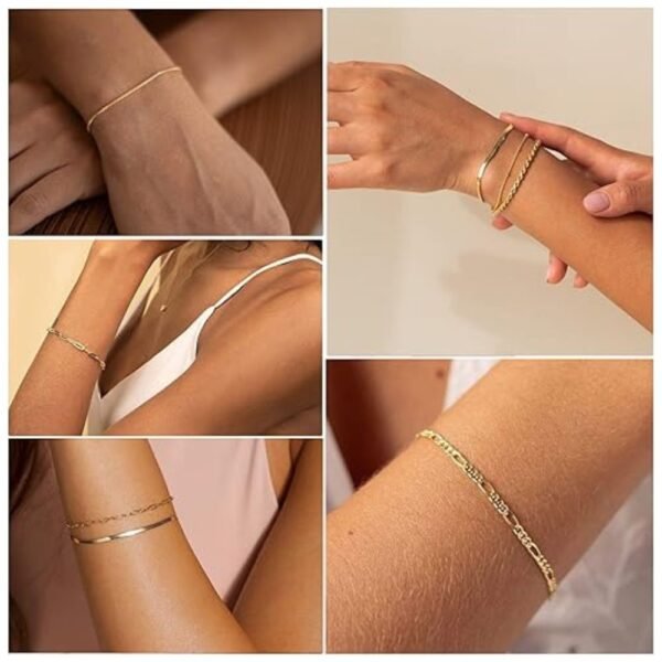 Woman wearing stackable 14K gold bracelets