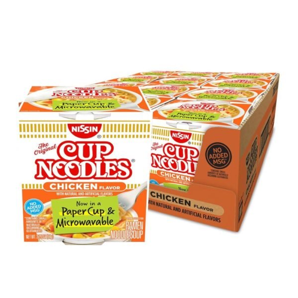 Close-up of Nissin Cup Noodles Soup packaging, highlighting the chicken flavor and brand design.