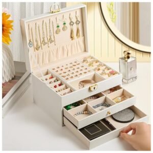 Full view of the 3-layer jewelry box with velvet earring organizer and PU leather exterior.
