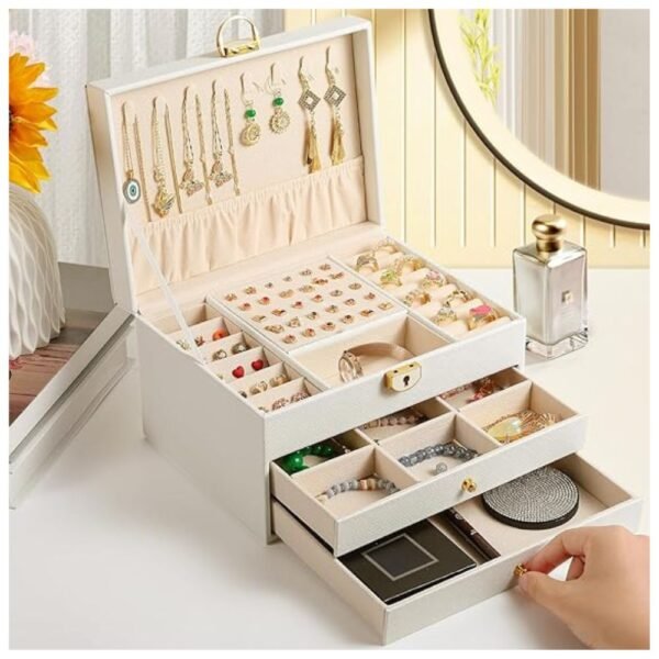 Full view of the 3-layer jewelry box with velvet earring organizer and PU leather exterior.