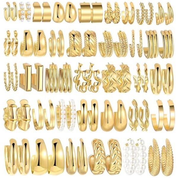 Full view of the 36 pairs of gold hoop earrings set, showcasing various designs and sizes.