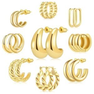 Full view of the 9 pairs of gold hoop earrings set with different styles.