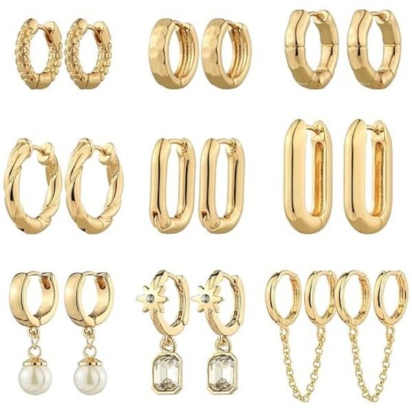 ull view of the 9 Pairs Gold Chunky Hoop Earrings Set showcasing various designs and sizes