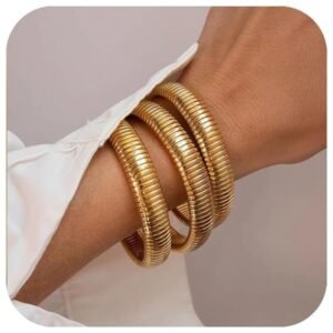 Image of the gold bangles set with a clear view of the bracelets.